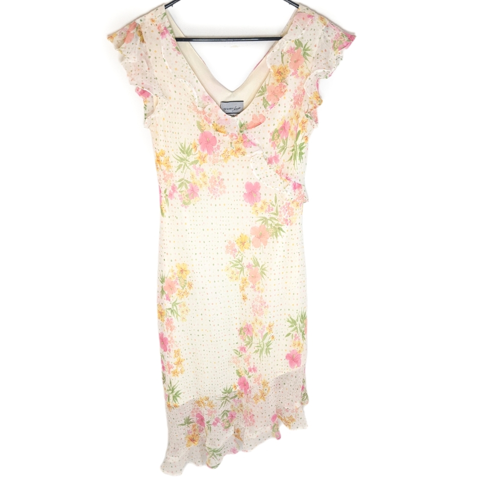 Vintage 90s Flirty Feminine Floral Polka Dot Slip On Sheath Midi Dress